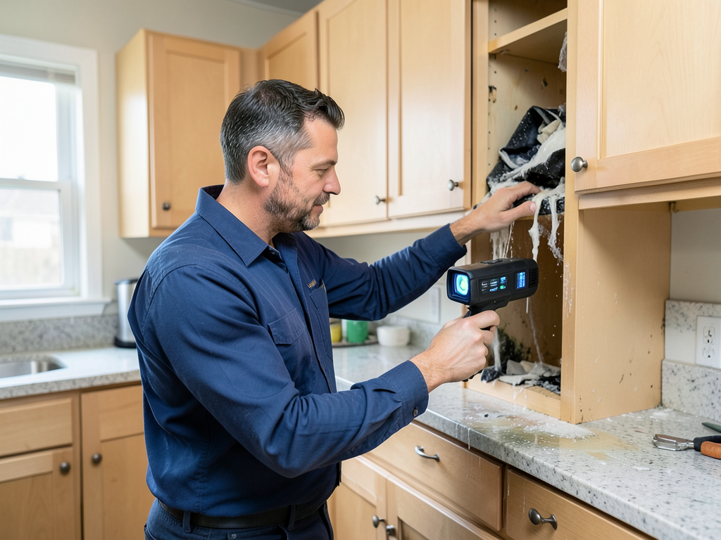 Kitchen flood cleanup and cabinet restoration in w